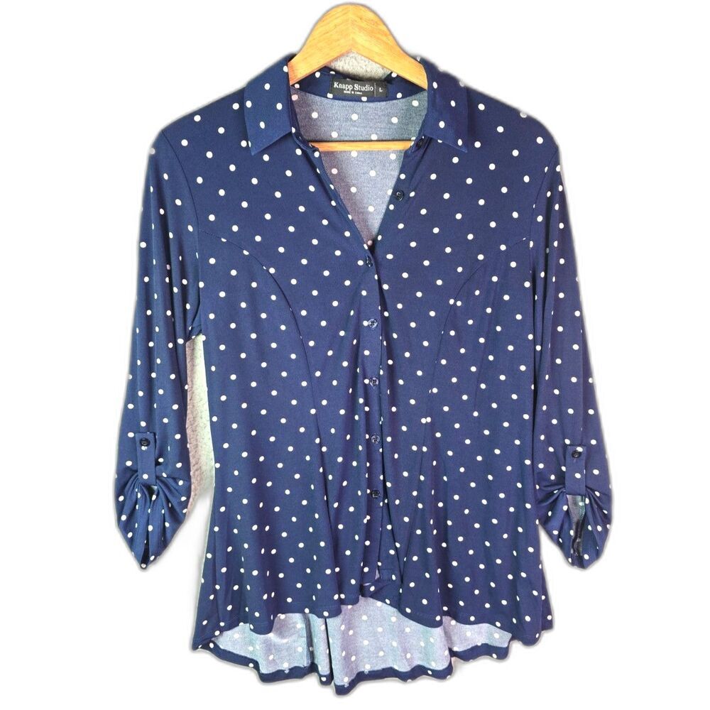 Knapp Studio Button Up Tunic Navy Polka Dot L High Low Hem Roll Tab